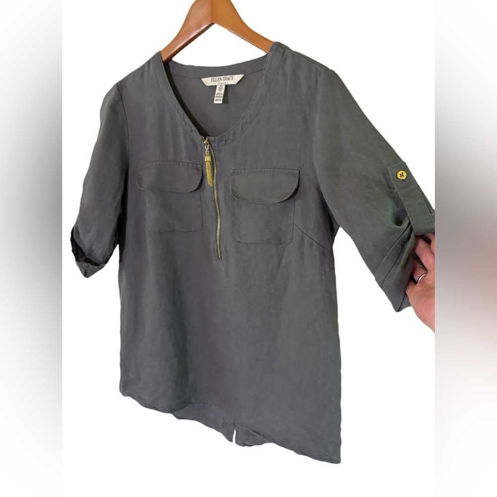 Ellen Tracy-Linen blouse. Size small. Gray with gold tassel/zipper. Gorgeous EUC - Picture 6 of 15